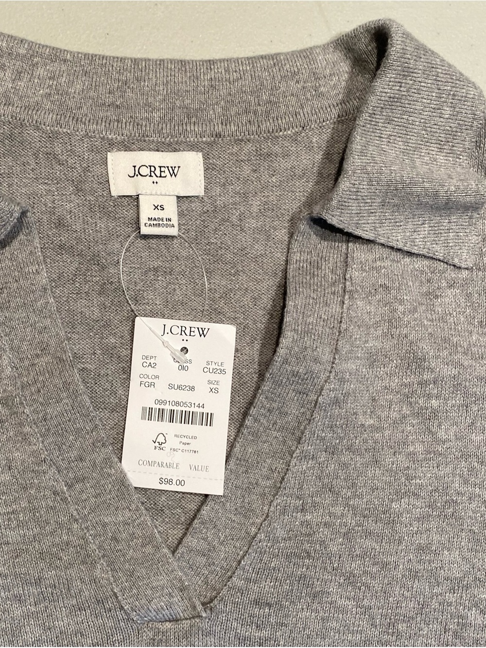 J. Crew Light Gray Cashmere-Blend Short-Sleeve Sweater Polo, size XS, NWT - Picture 2 of 8